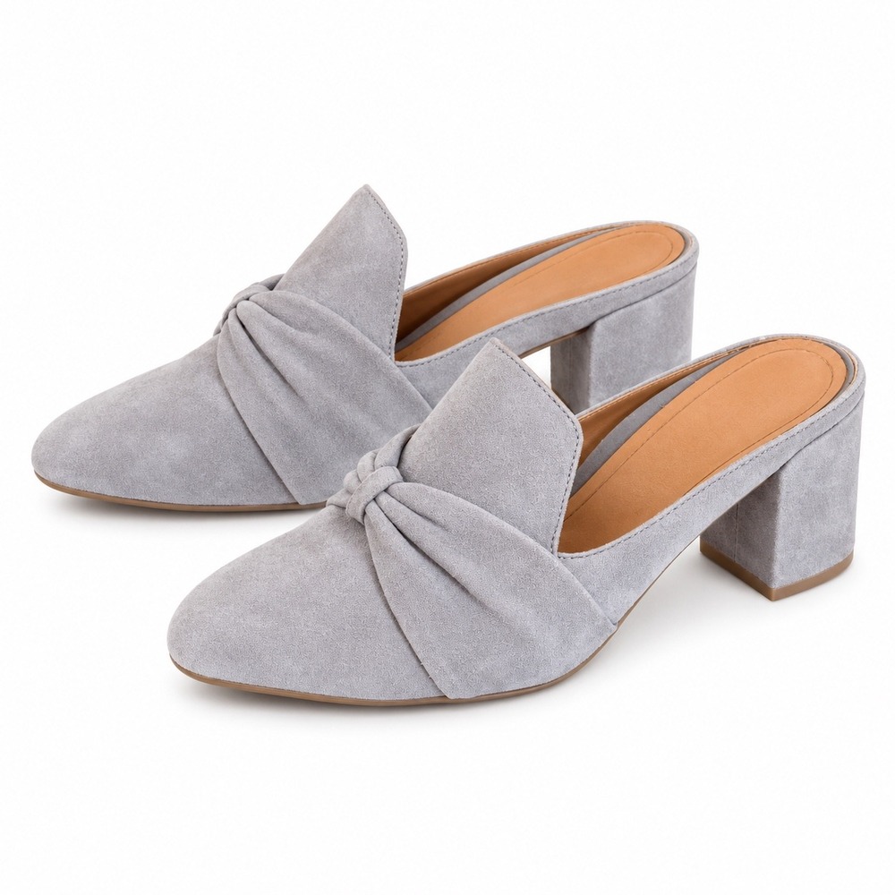 Vionic Presley Mules Size 10 Gray Suede Block Heel Knotted Orthotic Professional